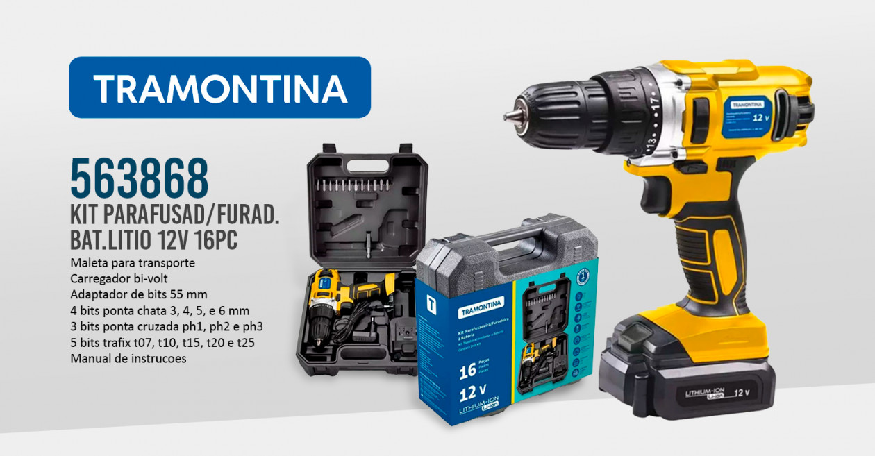 KIT PARAFUSAD/FURAD.BAT.LITIO 12V 16PC TRAMONTINA